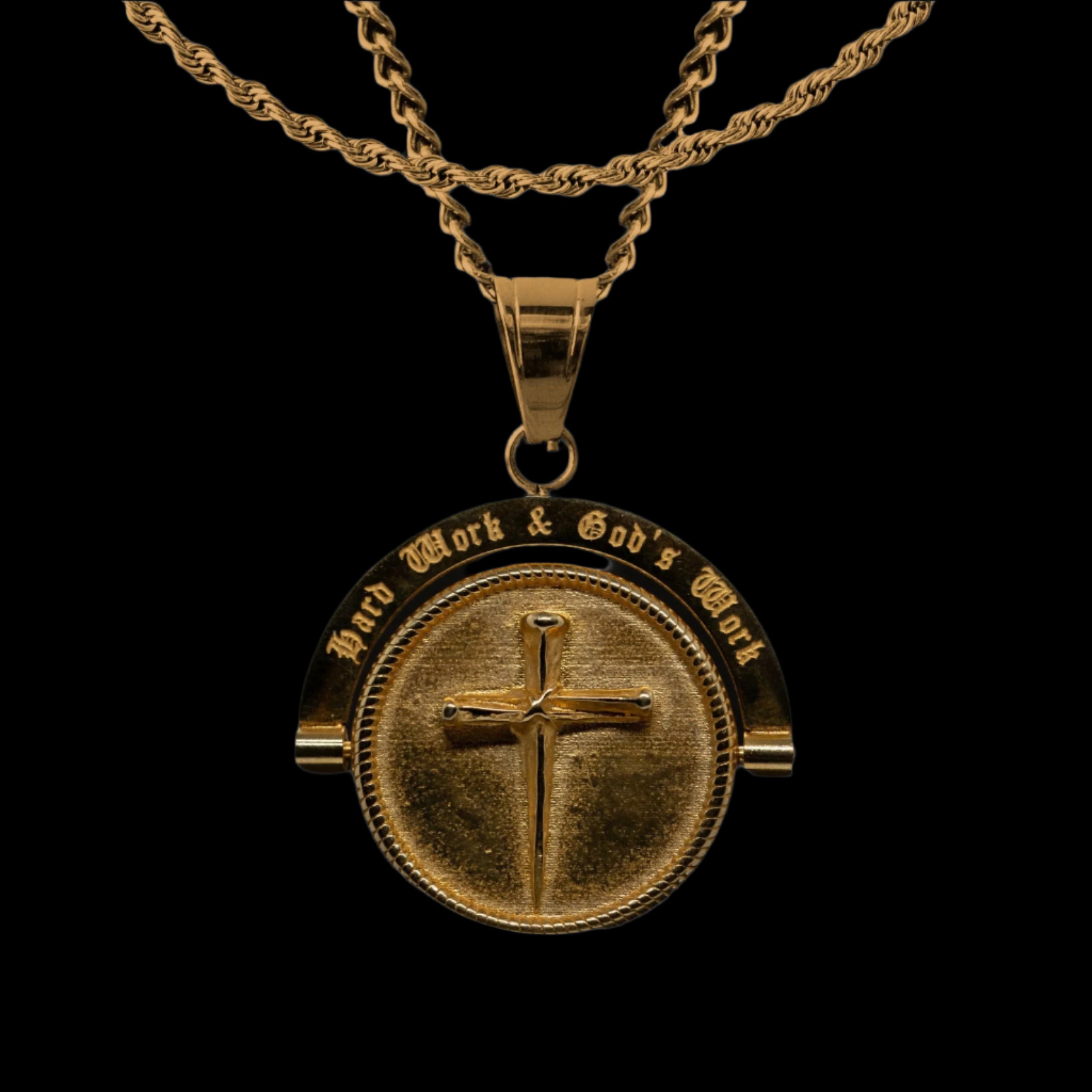 Gold 'Hard Work And God's Work' coin pendant by Humbler, inspired by ancient art.
