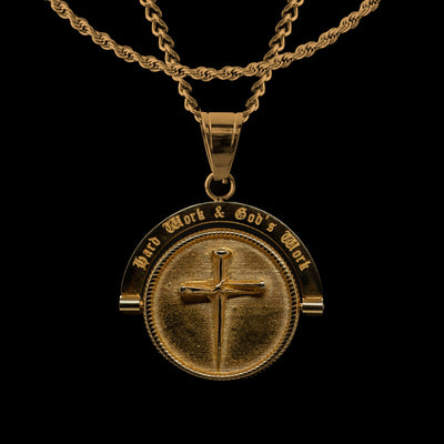 Gold 'Hard Work And God's Work' coin pendant by Humbler, inspired by ancient art.
