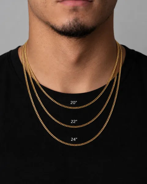 Visual guide of three 3 mm gold Cuban chains worn at approximate lengths of 20, 22 and 24 inches, with each length labeled.